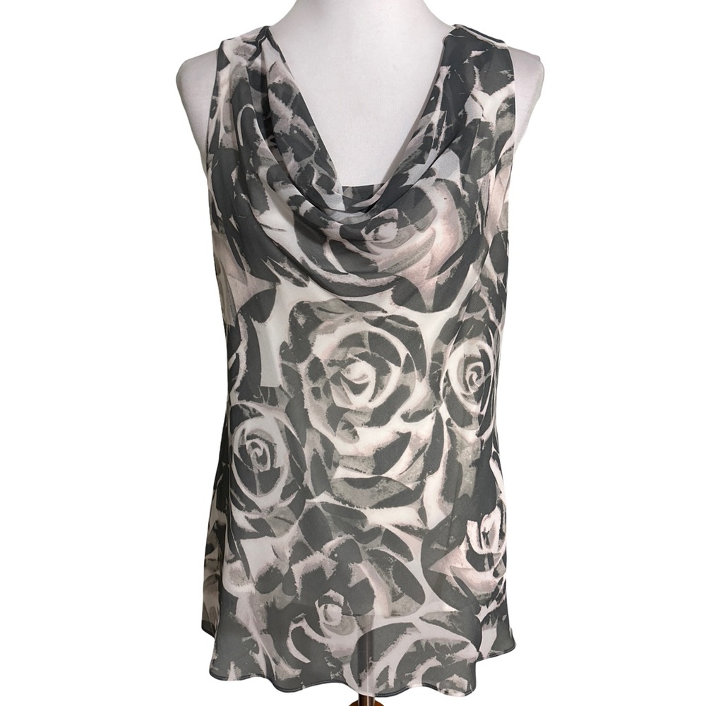 Banana Republic Draped Cowl Neck Sleeveless Blouse in Black and White Rose Print